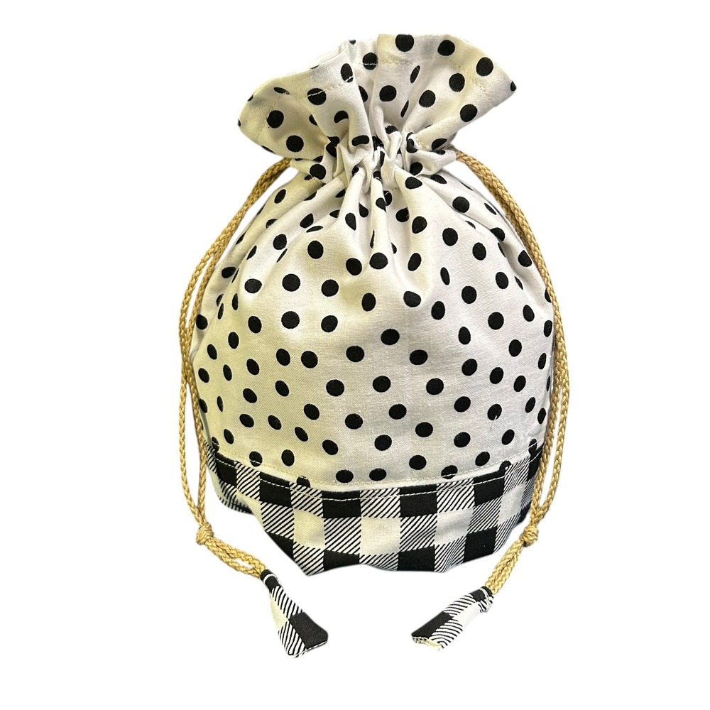 Handmade Drawstring Pouch Bucket Bag Black Polka Dot Buffalo Plaid Bottom NEW